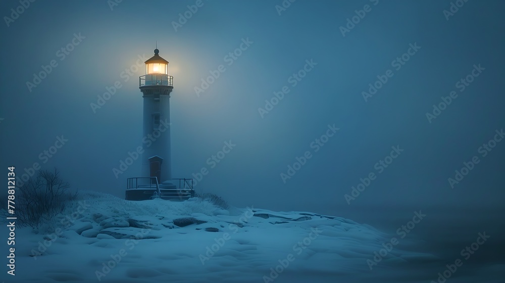 Serene lighthouse on a cold foggy night, guiding light in the darkness. Calm and peaceful scenery with a dreamlike ambiance. Nautical landmark in a mist. AI
