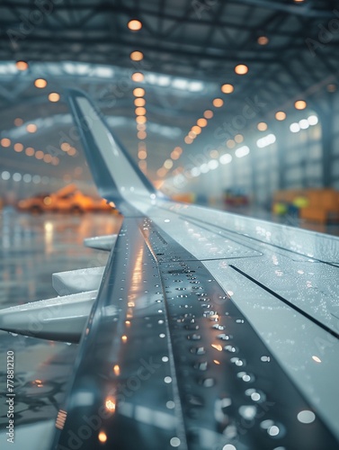 Aircraft Wing, Metallic, Sleek and aerodynamic aircraft wing in a futuristic hangar, ready for flight Realistic, spotlight, depth of field bokeh effect