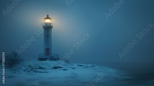 Serene lighthouse on a cold foggy night, guiding light in the darkness. Calm and peaceful scenery with a dreamlike ambiance. Nautical landmark in a mist. AI
