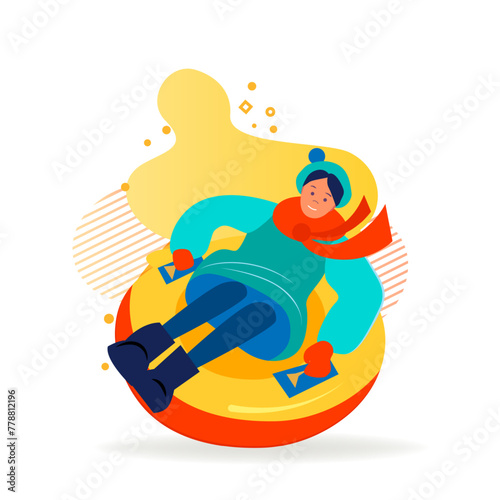 Excited girl sledging downhill. Woman riding on snow tube flat vector illustration. Holiday, outdoor activity, winter vacation concept for banner, website design or landing web page © PCH.Vector