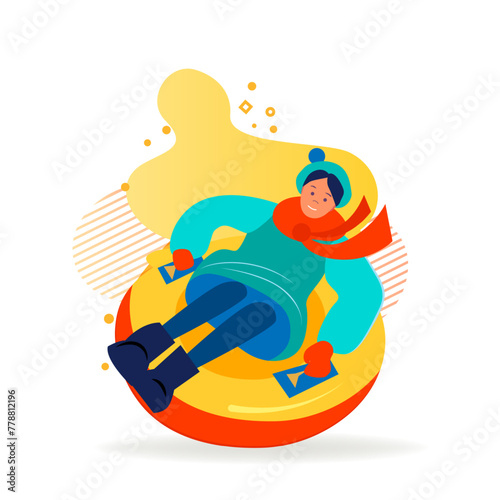 Excited girl sledging downhill. Woman riding on snow tube flat vector illustration. Holiday, outdoor activity, winter vacation concept for banner, website design or landing web page