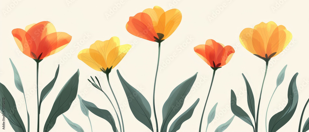 A row of yellow and orange flowers with green leaves A row of yellow and orange flowers with green leaves
