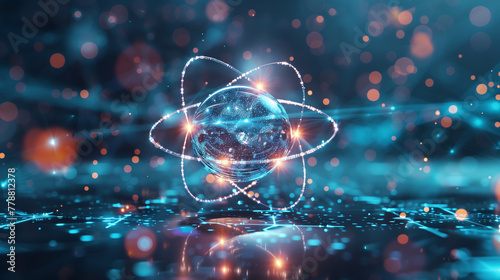 Atom Icon for science and chemistry, futuristic background photo