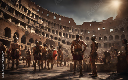 Gladiators awaiting their turn in the Colosseum, a tense air as spectators cheer, ancient Rome bustling around them