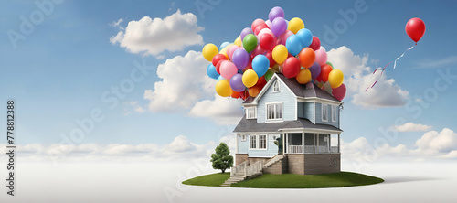 Balloons with house flies above the clouds. ConceptA house with balloons flying in the air above it. Generative AI. photo