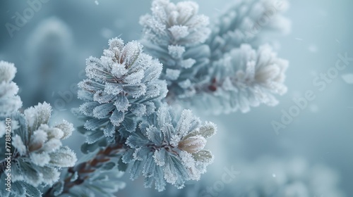  Close-up of a plant with frosted leaves amidst a blurry background of snowflakes
