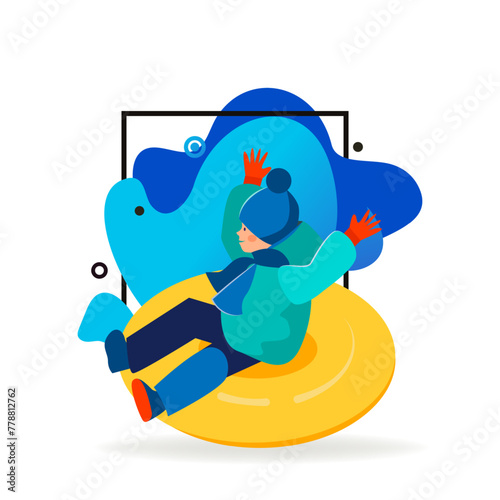 Happy boy sledging and having fun. Kid riding on snow tube flat vector illustration. Holiday, outdoor activity, winter vacation concept for banner, website design or landing web page