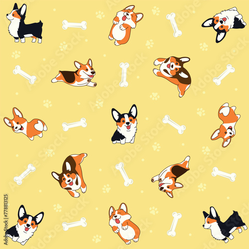 seamless pattern with corgi dogs and bones