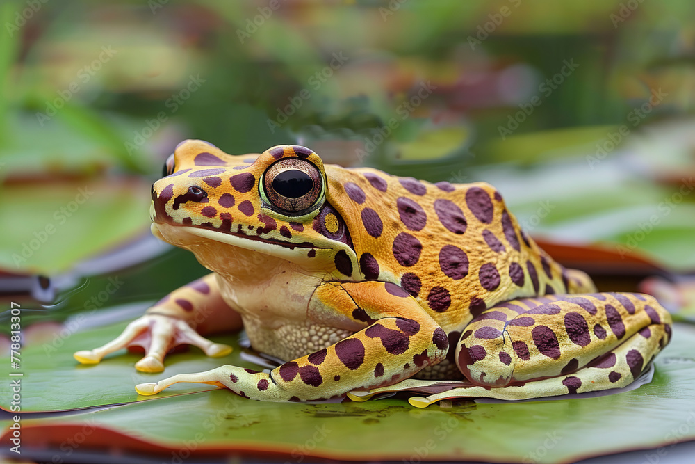 Fototapeta premium A frog with spots on its back is sitting on a leaf