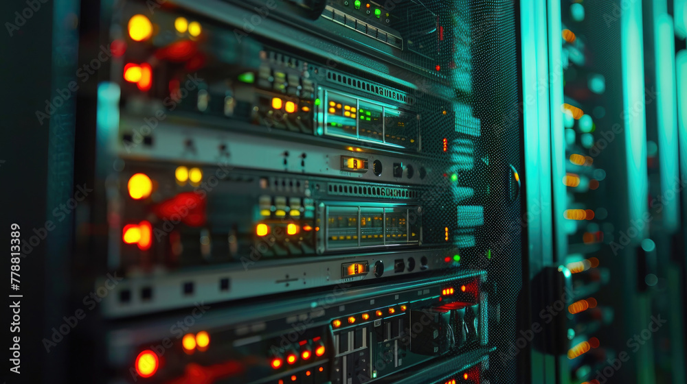 Close-Up of Mainframe Storage Servers in Data Center, Mainframe Servers at the Heart of Cloud Network Close-Up of Mainframe Storage Servers in Data Center, Mainframe Servers at the Heart of Cloud Network