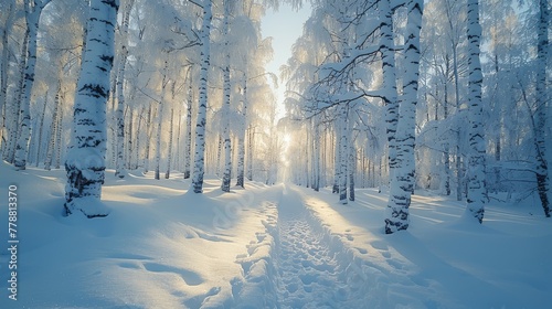  A snow-covered path, surrounded by towering trees