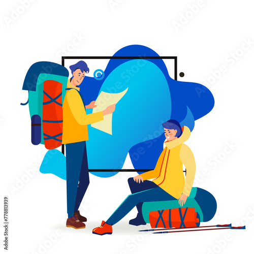 Outdoor tourists studying map. Man and woman with backpacks, trekking, camping flat vector illustration. Adventure travel, activity, lifestyle concept for banner, website design or landing web page