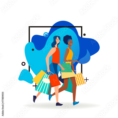 Positive female friends walking with shopping bags. Multiracial women, shoppers, customers flat vector illustration. Offline stores, friendship concept for banner, website design or landing web page