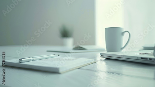 A white laptop sits on a table with a pen and a cup of coffee