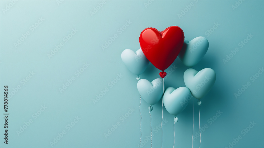 Romantic Red Heart Balloon Standing Out Among Blue Balloons