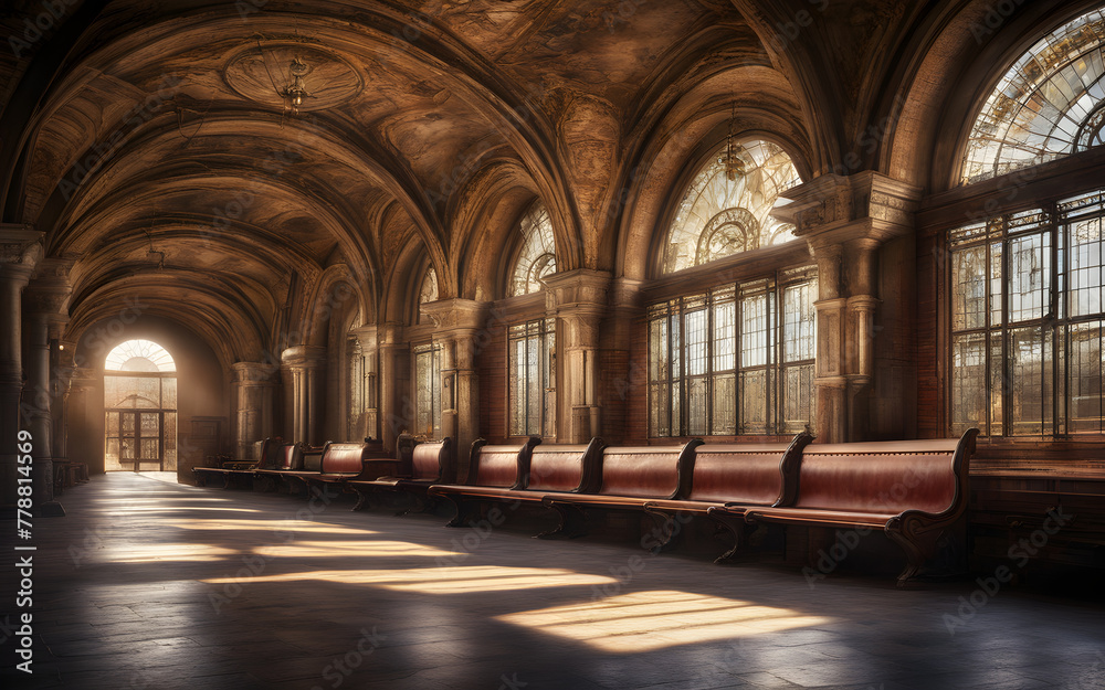 Historic train station interior, grand arches, vintage benches, and intricate tile work, early morning light