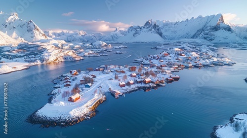  A panoramic shot of a quaint village nestled amidst a serene lake, encircled by majestic snow-capped peaks