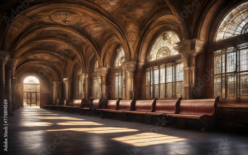 Historic train station interior  grand arches  vintage benches  and intricate tile work  early morning light