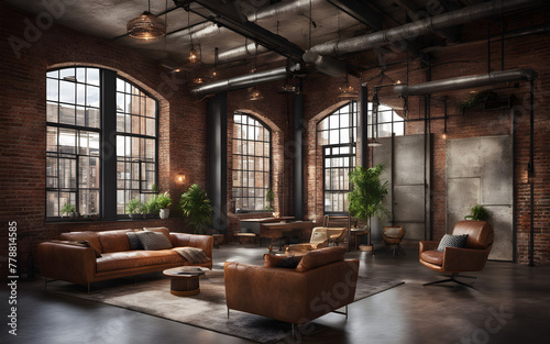 Industrial loft apartment, exposed brick, large windows, and modern furnishings, urban chic