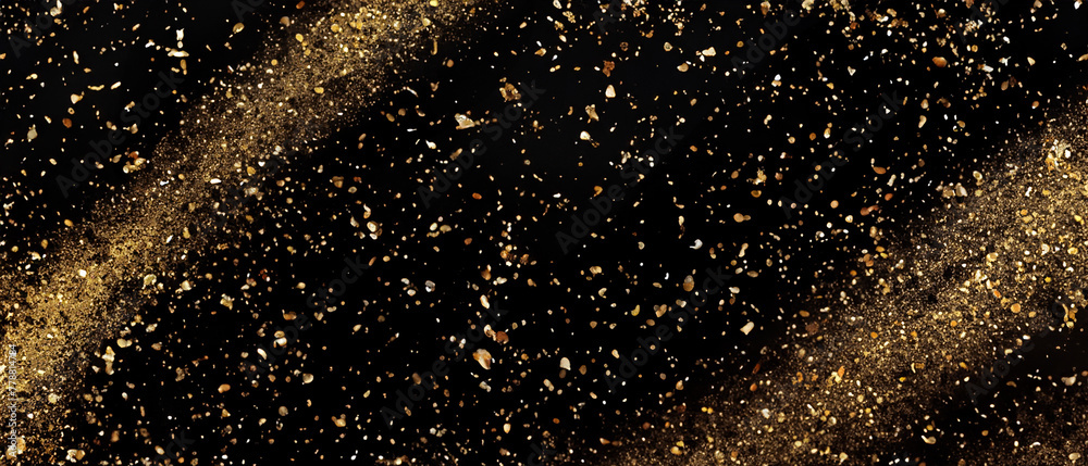 Banner with gold glitter on black background. Copy space. Generative AI Banner with gold glitter on black background. Copy space. Generative AI