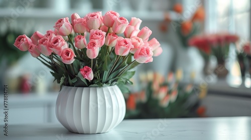   A vase with pink roses on a white counter, surrounded by other flower vases © Igor
