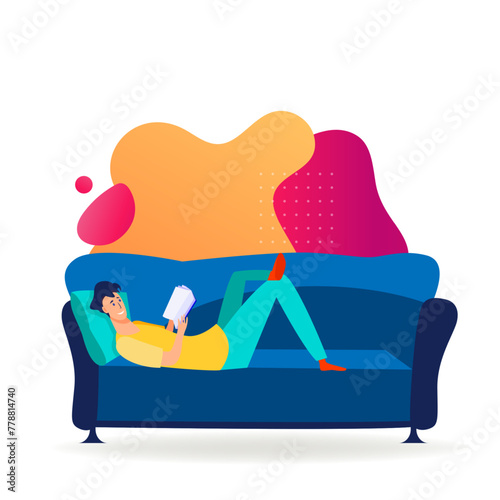 Young man relaxing at home. Guy lying on couch and reading book flat vector illustration. Leisure, recreation, bookworm concept for banner, website design or landing web page