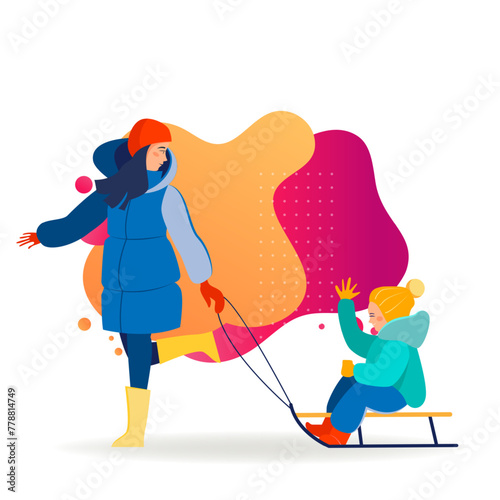 Young woman pulling sledge with kid. Mom and little son enjoying winter activity flat vector illustration. Family, lifestyle, leisure concept for banner, website design or landing web page