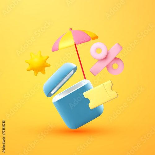Vacation flight with bonus. Booking service discount cartoon concept with gift box, voucher, beach umbrella, sun, percent sign, and plumeria flower. Holiday ticket.