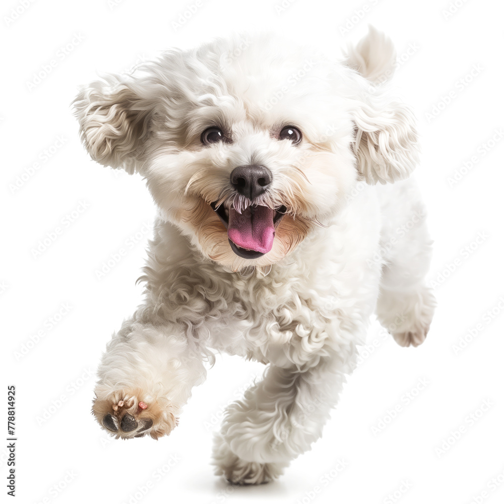 Bichon frise dog on white background, tounge, playing, jumping, running