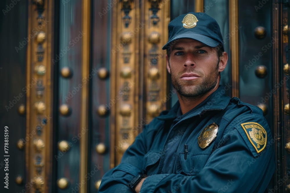 Fototapeta premium A serious-looking law enforcement officer with a stern expression in front of ornate gates