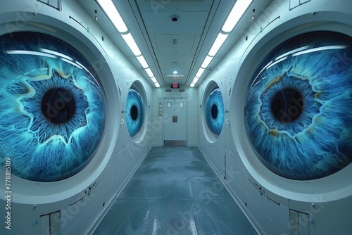 An imaginative, high-quality image depicting a sci-fi corridor designed like the interior of an eye, suggesting surveillance or data collection photo