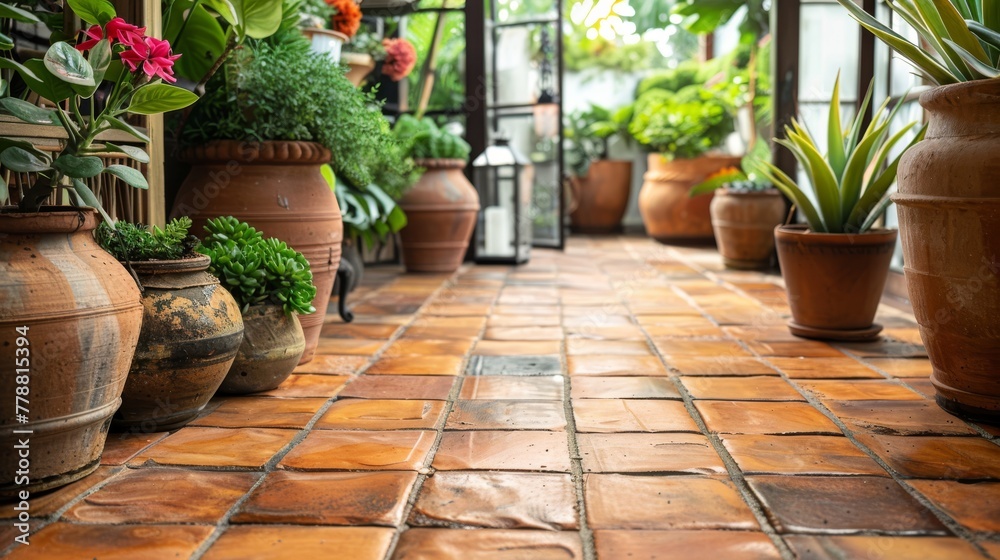  A spacious room featuring numerous potted plants arranged on a tiled floor, adjacent to an expansive window wall