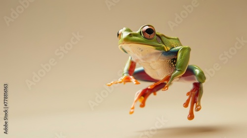 Jumping frog on a beige background