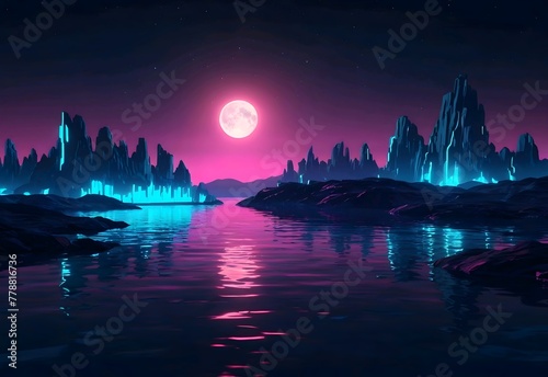 Futuristic night landscape with abstract landscape and island  moonlight  shine. Dark natural scene with reflection of light in the water  neon blue light. Dark neon background. 3D illustration