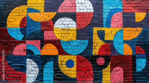 Abstract geometric street art, bold colors and shapes, painted by chalk in the brick wall, Stylish in the style of street art