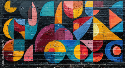 Abstract geometric street art, bold colors and shapes, painted by chalk in the brick wall, Stylish in the style of street art