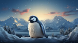 A playful logo icon of a friendly penguin on a snowy mountain background.