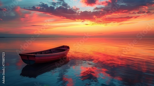 A tranquil sea reflecting the colors of the sunset