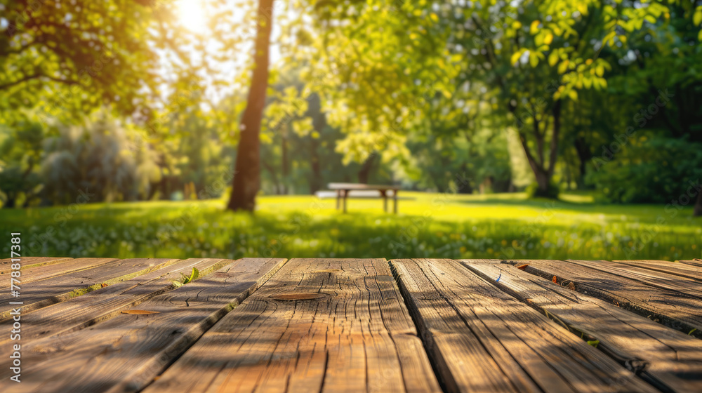 Empty Wooden Table with Garden Background Empty Wooden Table with Garden Background