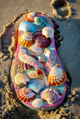 Close-up of a vibrant flip-flop decorated with seashells, half-buried in the warm sand