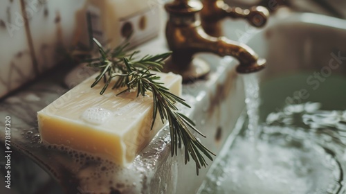 Close-up of a vintage bathtub faucet, a bar of handmade soap, and a sprig of rosemary, with droplets of water glistening