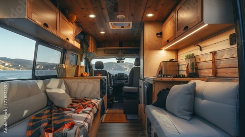 RV or camper van cozy interior with modern cabinets and stove. Mobile, nomad lifestyle adventure