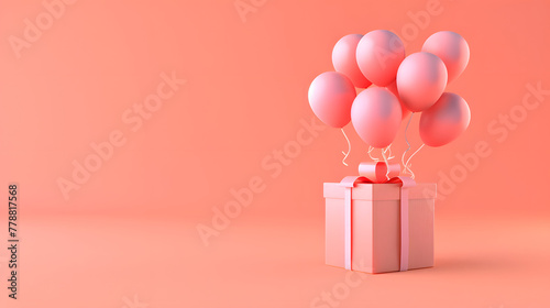 3D rendering cartoon gift box with balloons flying out of it on a peach background. A coral and melon color palette is used. Minimal concept design. Happy birthday party banner template © Oleksandr