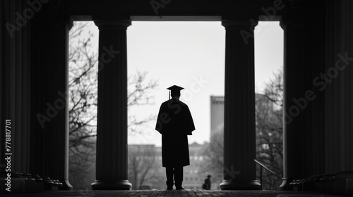 A dramatic black and white photo of the graduate's silhouette against the backdrop of the university campus.