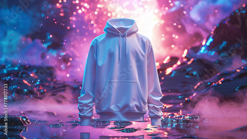 A white hoodie mock up reveler adorned in elegant fashion, amidst city lights, celebrates in a sea of pink and purple hues photo