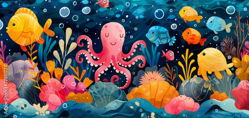 Funny illustration of underwater mr in the style of children's illustration.