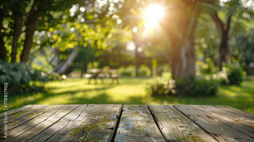 Empty Wooden Table with Garden Background Empty Wooden Table with Garden Background
