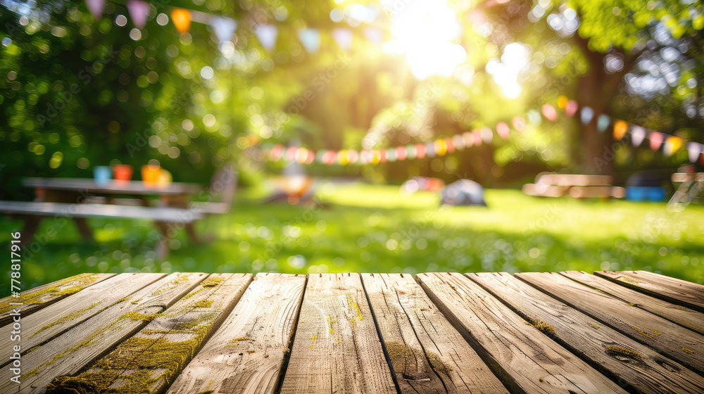 Empty Wooden Table with Garden Background Empty Wooden Table with Garden Background