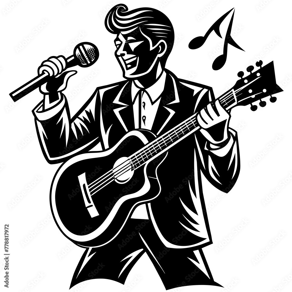 Fototapeta premium musician with guitar, black guitar silhouette vector illustration,icon,svg,acoustic guitar characters,Holiday t shirt,Hand drawn trendy Vector illustration,music instrument on black background