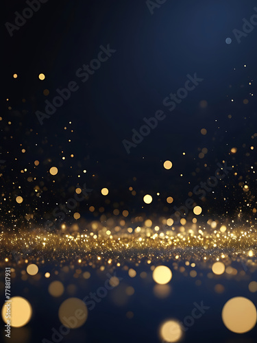 abstract background with Dark blue and gold particle. Christmas Golden light bokeh on navy blue background. black bokeh background black texture dark Gold foil texture. Holiday concept. ai